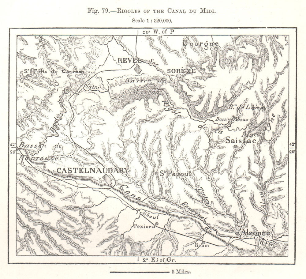 Rigoles of the Canal du Midi. Revel Castelnaudary. Aude. Sketch map 1885